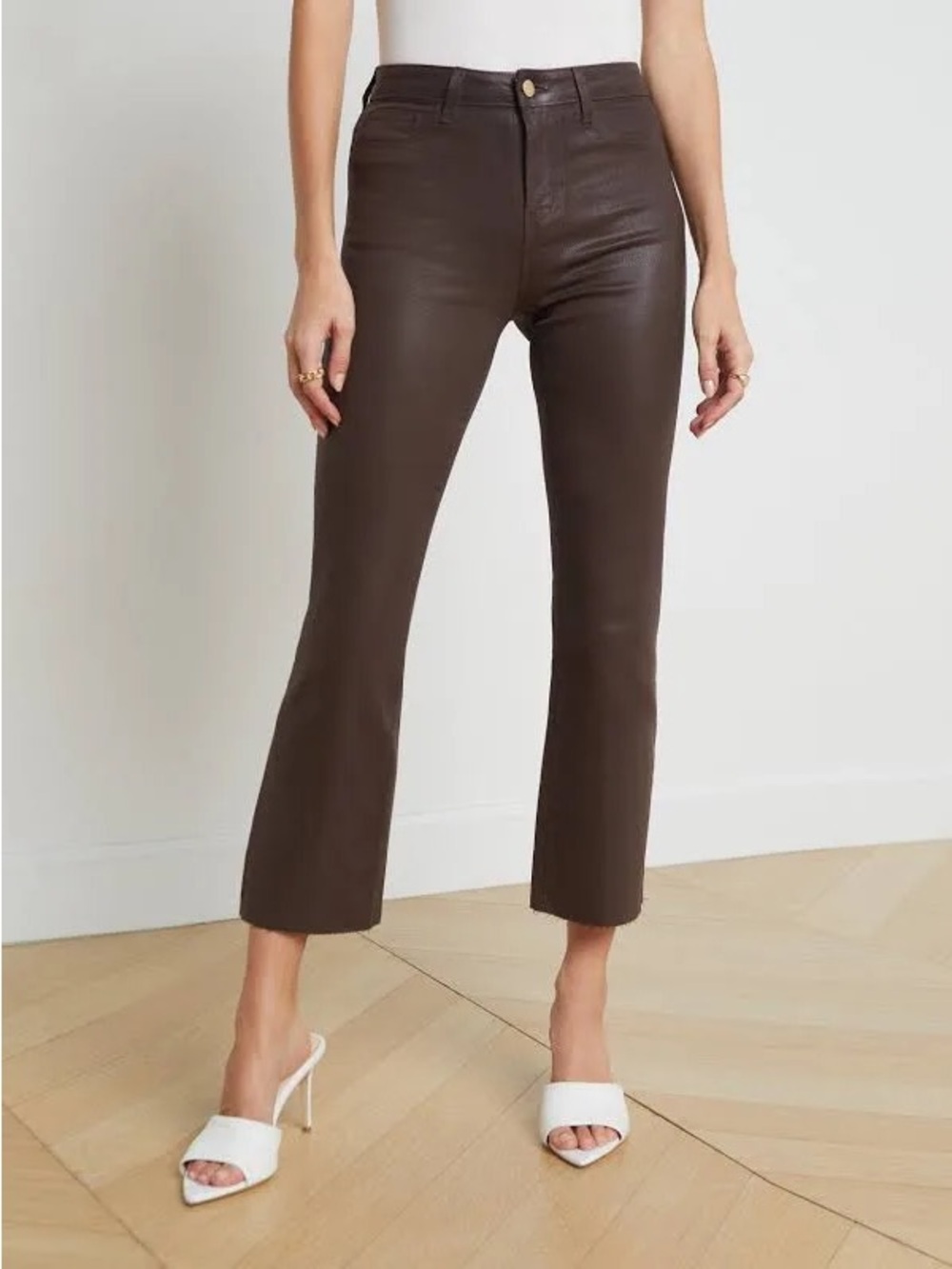 L'AGENCE Kendra High Rise Cropped Flared Jeans, Espresso Brown Coated, 27